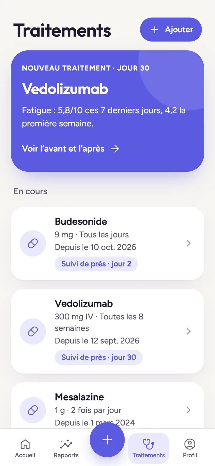 Écran Traitements de Symio : Vedolizumab au jour 30, avec la liste des traitements en cours.
