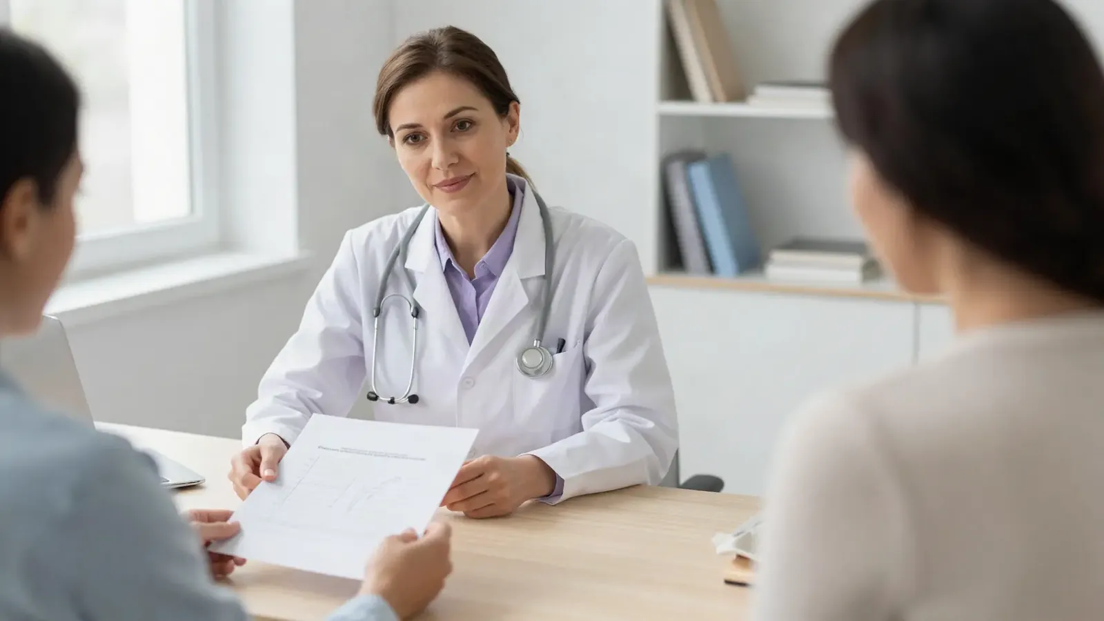 Une patiente tend une page de résumé à sa médecin pendant une consultation.
